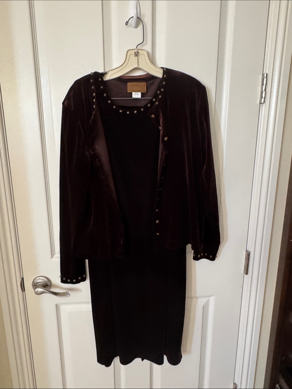 Women’s Velvet Two-Piece Skirt Set in Deep Brown with Stud Trim
